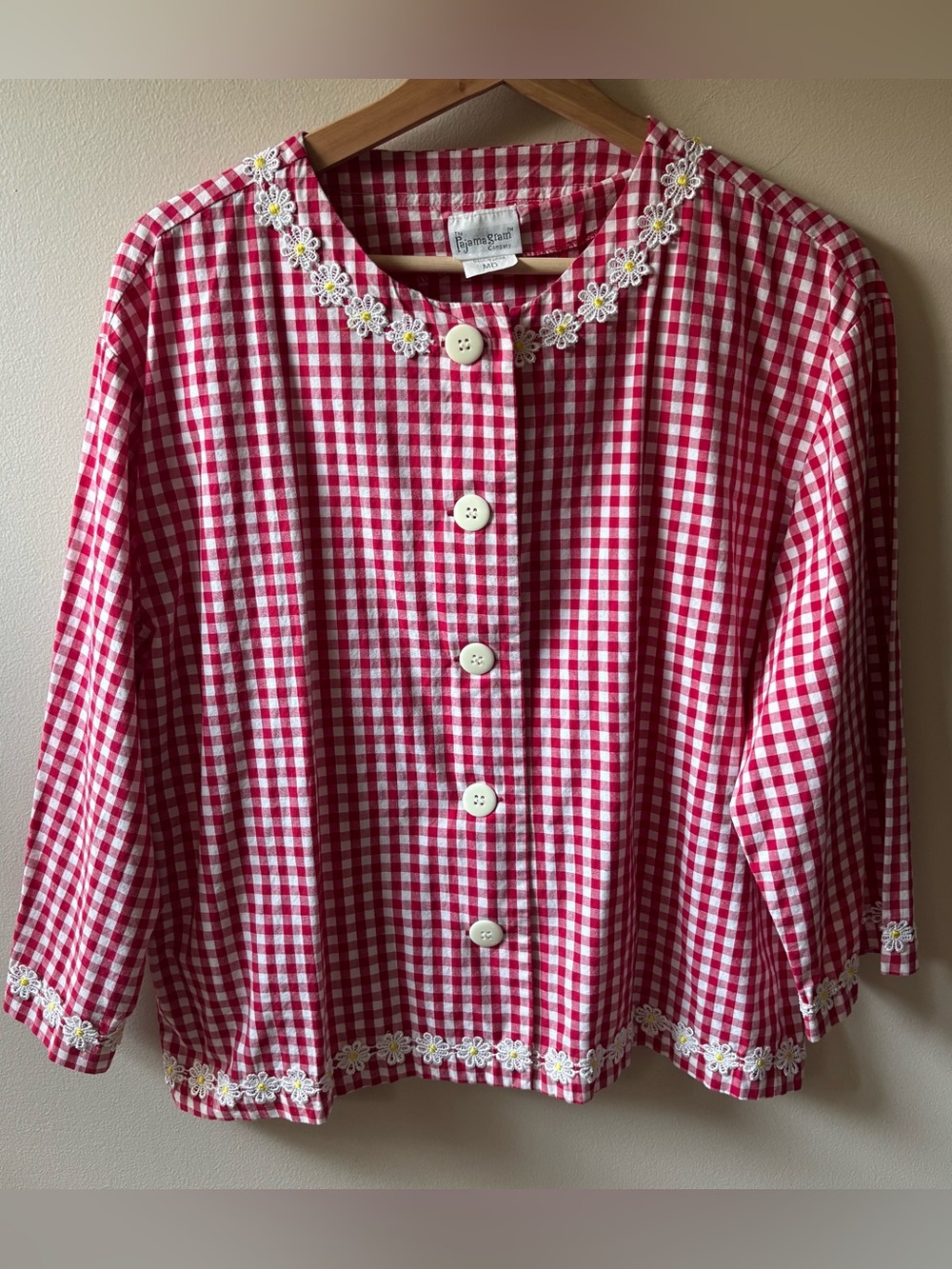 Red and White Gingham Pajama Set with Daisy Trim